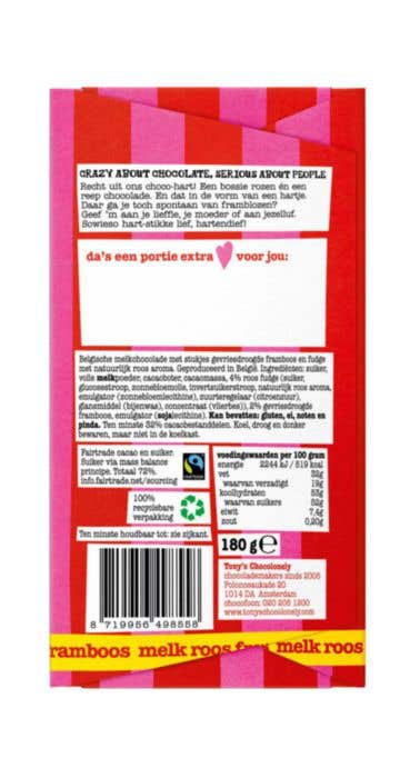 Tony's Chocolonely Lait Rose Framboise Tout droit de mon cœur de chocolat [180 grammes]