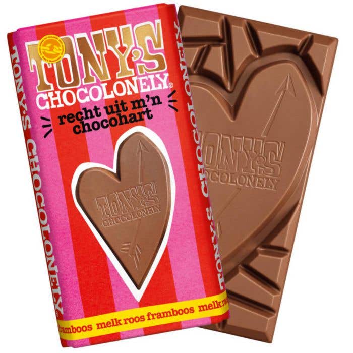 Tony's Chocolonely Lait Rose Framboise Tout droit de mon cœur de chocolat [180 grammes]