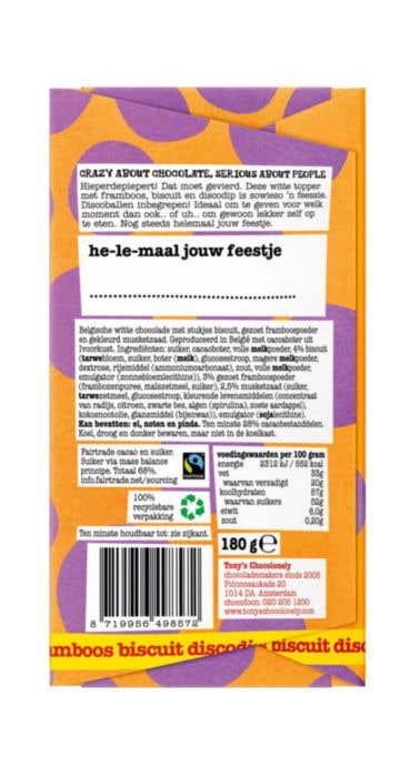 Tony's Chocolonely Biscuit blanc à la framboise Discodip C'est la fête [180 grammes]
