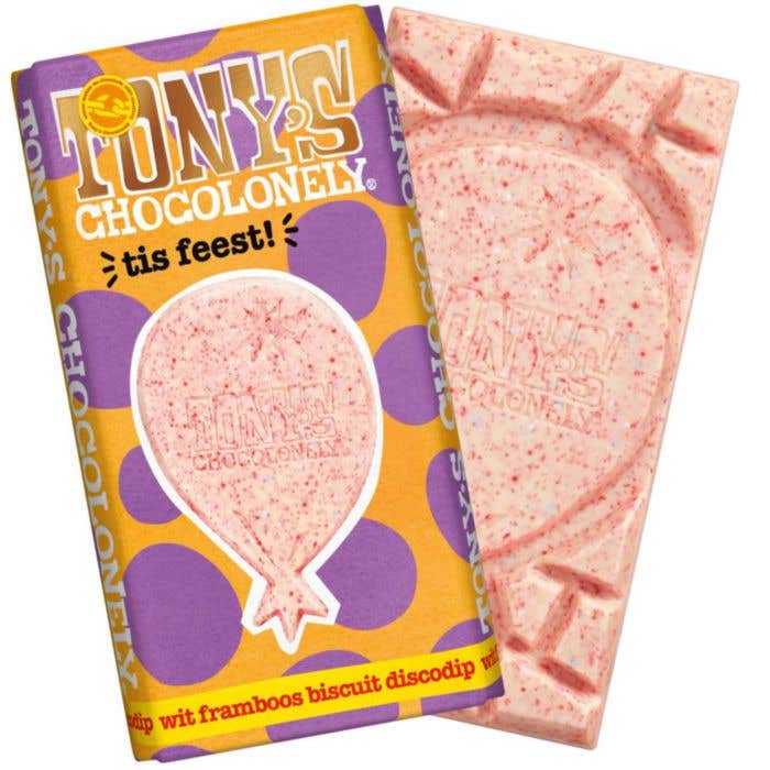 Tony's Chocolonely Biscuit blanc à la framboise Discodip C'est la fête [180 grammes]