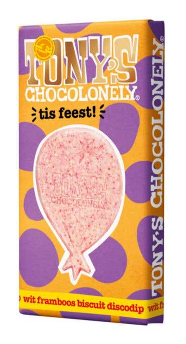 Tony's Chocolonely Biscuit blanc à la framboise Discodip C'est la fête [180 grammes]