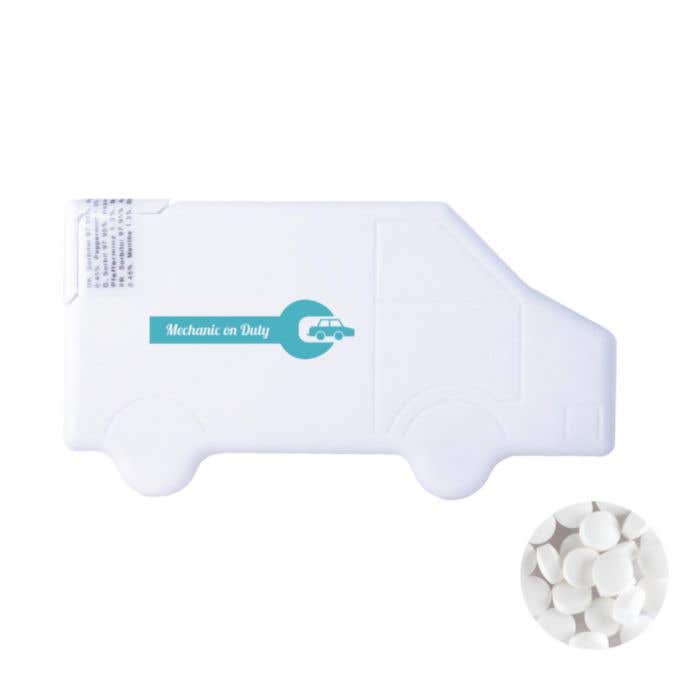 Truck mint dispenser with approx 8 gr. sugerfree mints and ingredient label PAD PRINTING