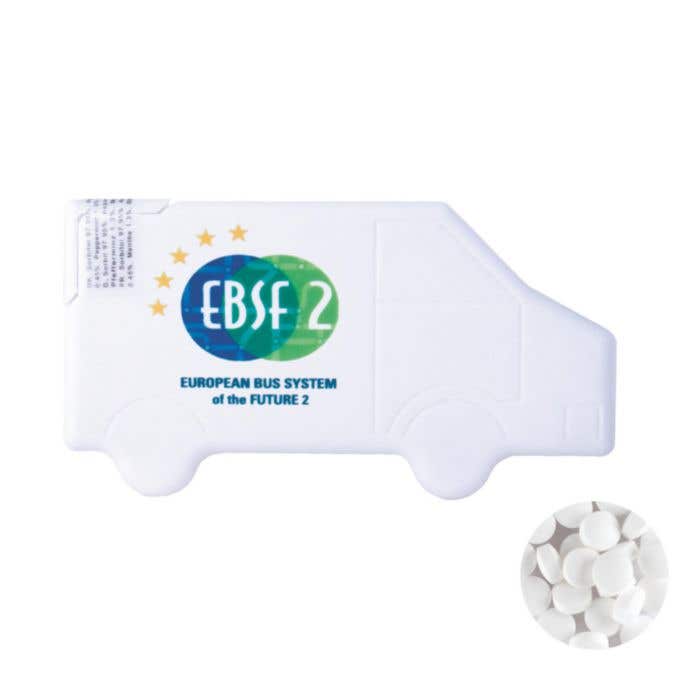 Truck mint dispenser with approx 8 gr. sugerfree mints and ingredient label PAD PRINTING