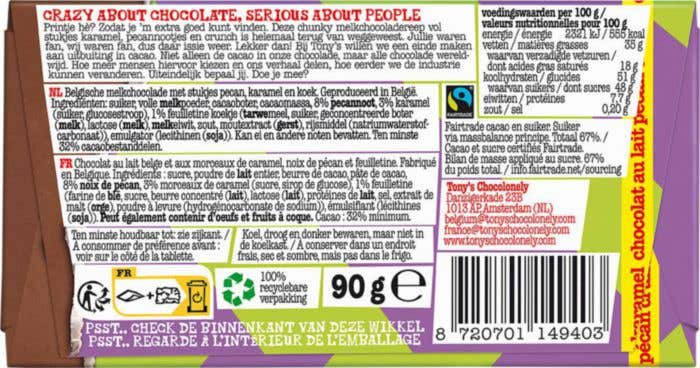 Barre de chocolat Tony's Chocolonely 'Célébration' Chocolat au lait Pecan Crunch Caramel [180 grammes]