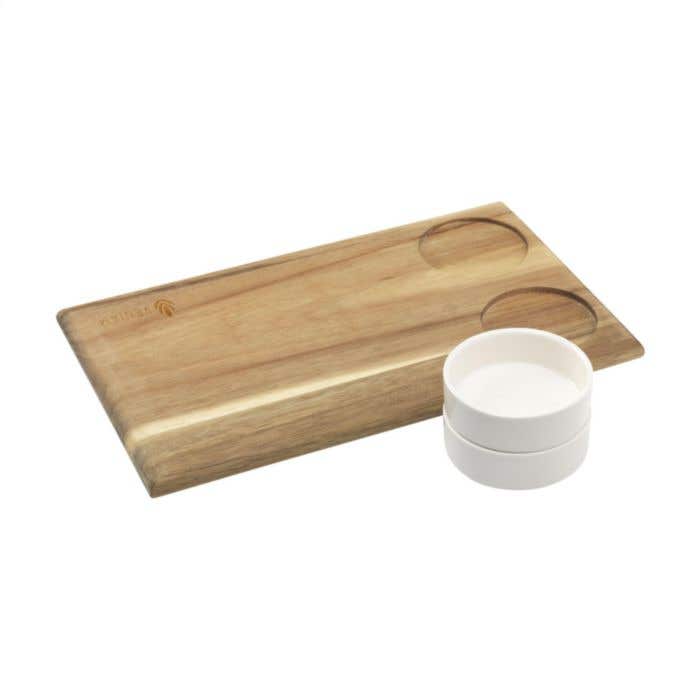 Planche à servir | Bois d'acacia | Avec 2 coupelles en porcelaine