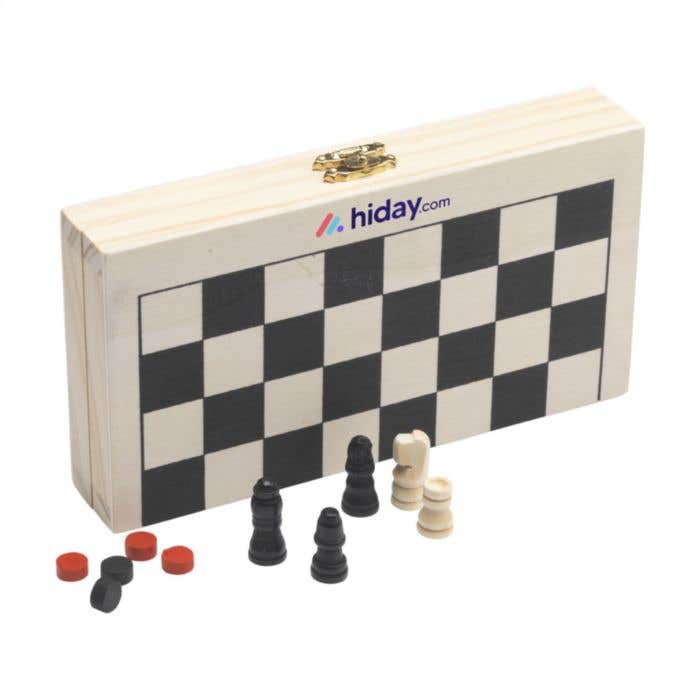 Coffret de jeux 3-en-1 | Bois de pin FSC® | Échecs, dames et backgammon