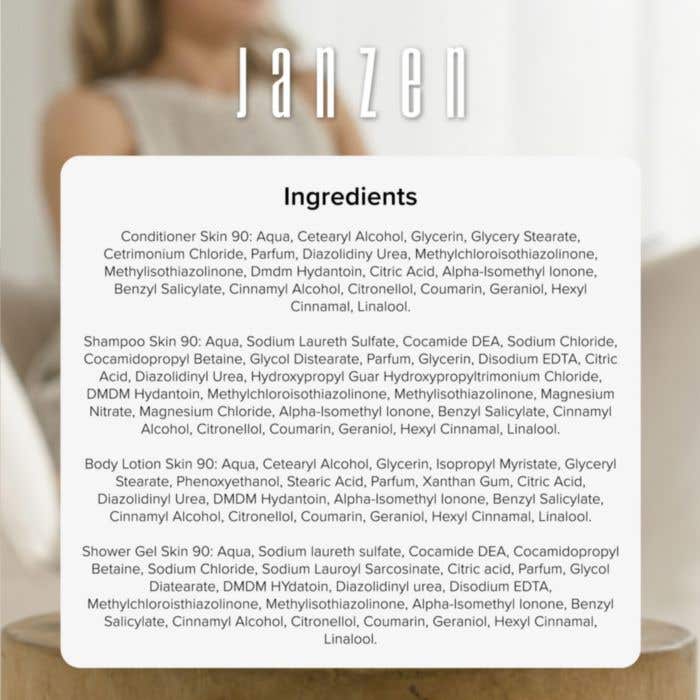 JANZEN Set de voyage Skin 90 | 4 x 40 ml | Gel douche, lotion corporelle, shampooing et après-shampooing