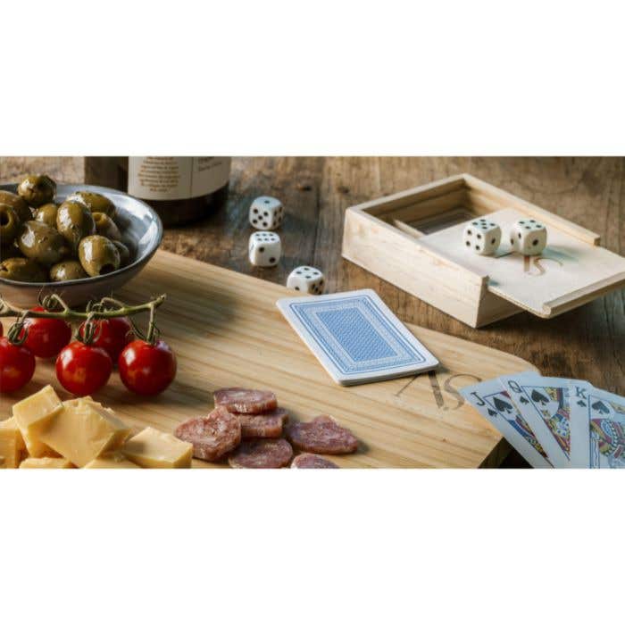 Spelset Dice & Play | Hout | 5 dobbelstenen en 54 kaarten