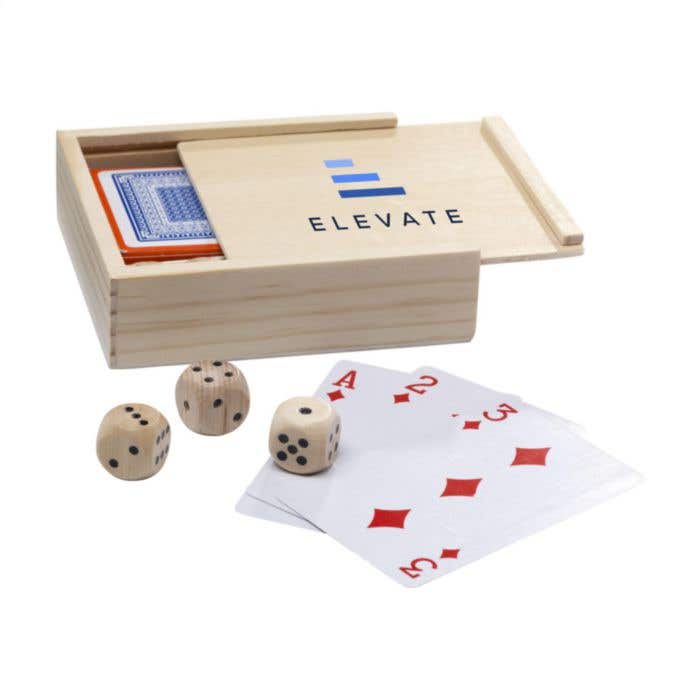 Spelset Dice & Play | Hout | 5 dobbelstenen en 54 kaarten