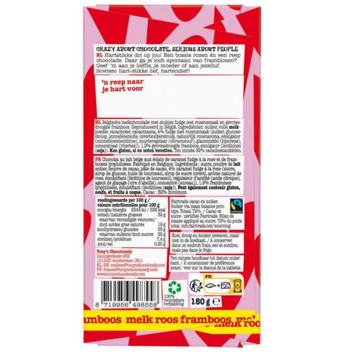 Tony's Chocolonely Chocolat au lait Rose Framboise Tout droit de mon cœur de chocolat [180 grammes]