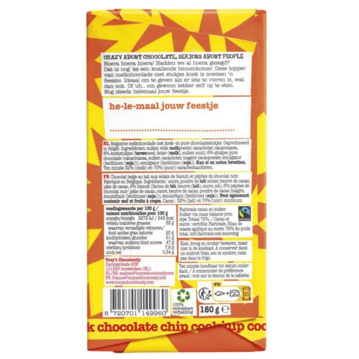 Tony's Chocolonely Chocolat au lait Chocolate Chip Cookie C'est la fête [180 grammes]