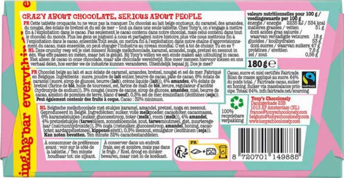 Barre de chocolat Tony's Chocolonely Chocolat au lait Caramel Sel de mer Bretzel Nougat Amandes [180 grammes]